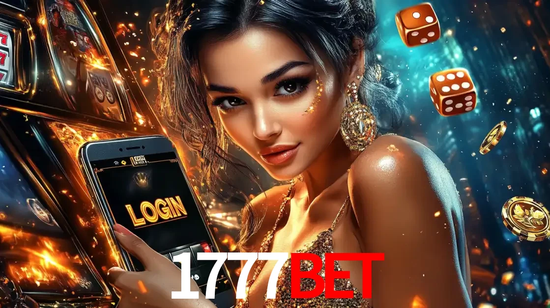 Mulher glamourosa segurando um celular com a tela de login do cassino 1777bet, rodeada por dados e moedas douradas, pronta para começar a diversão.