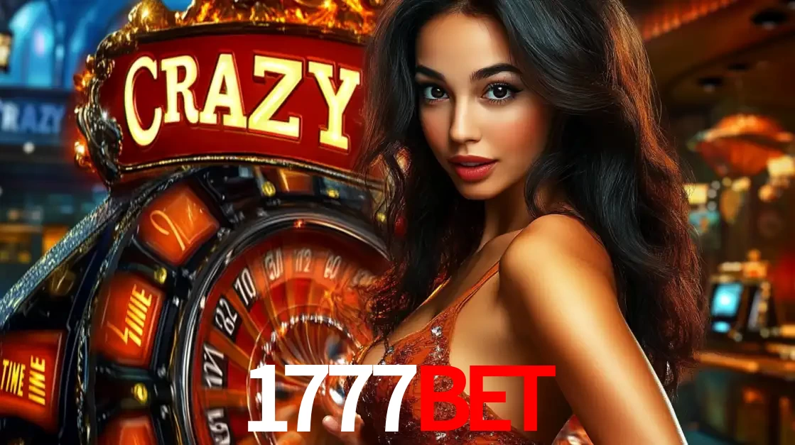 Mulher glamourosa olhando para a câmera com a roda vermelha do Crazy Time ao fundo em um ambiente de cassino, destacando a emoção dos jogos ao vivo no 1777bet.