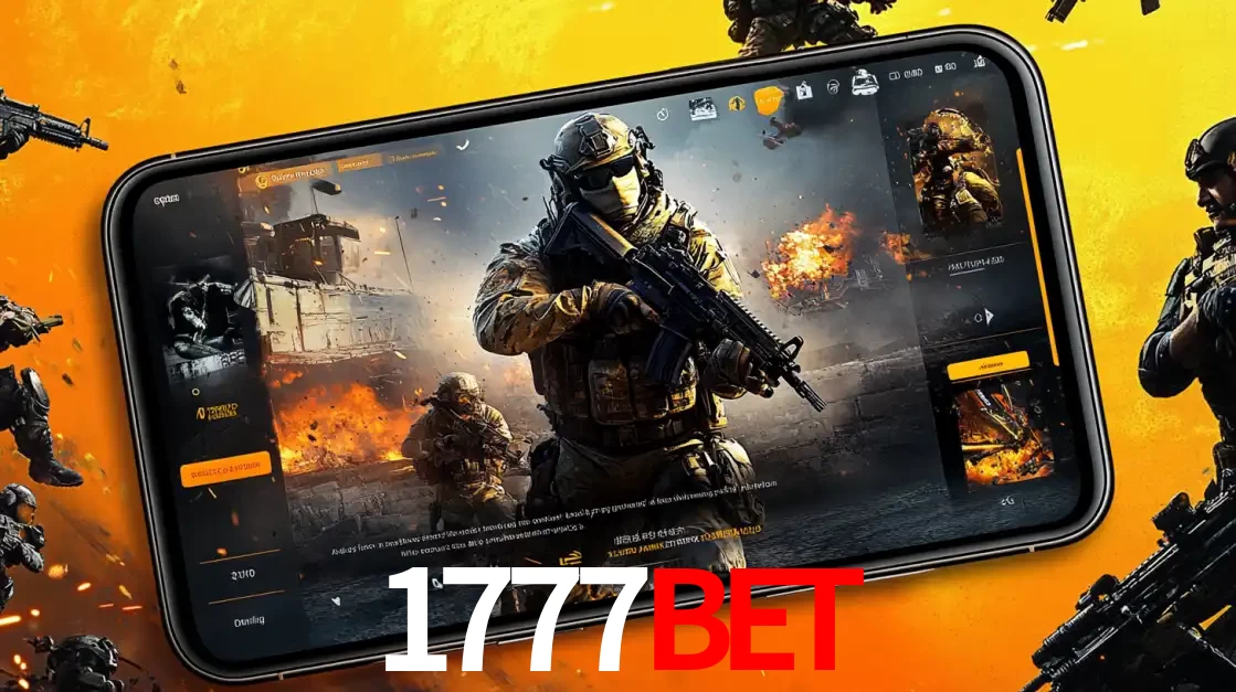 Um smartphone exibindo a interface de um jogo de tiro em primeira pessoa, com um soldado em um cenário de batalha, representando a ação dos e-sports para apostar no 1777bet.