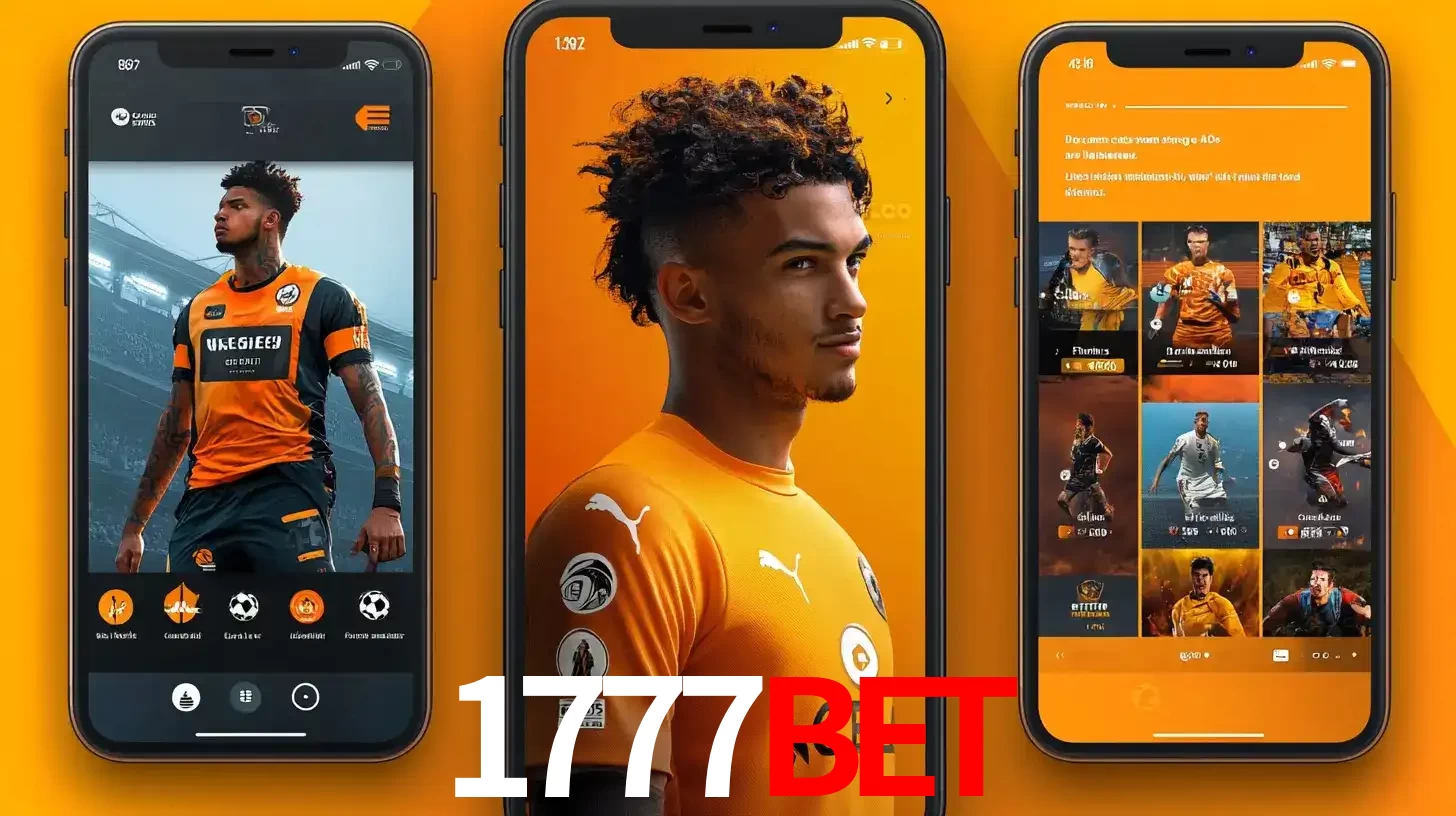 Interface do aplicativo de apostas esportivas 1777bet em três telas de celular, mostrando o perfil de um jogador de futebol e a lista de jogos disponíveis para apostar.