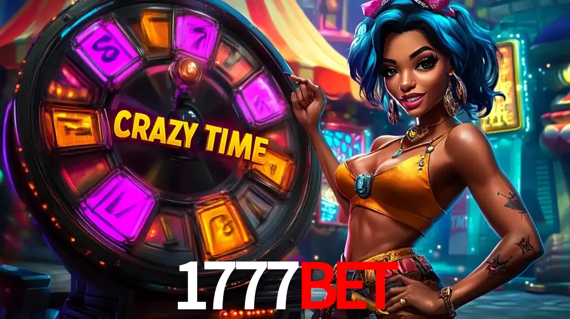 Mulher estilizada com cabelo azul e visual vibrante posando ao lado da roda de prêmios do game show Crazy Time, convidando para a diversão e os bônus do cassino 1777bet.