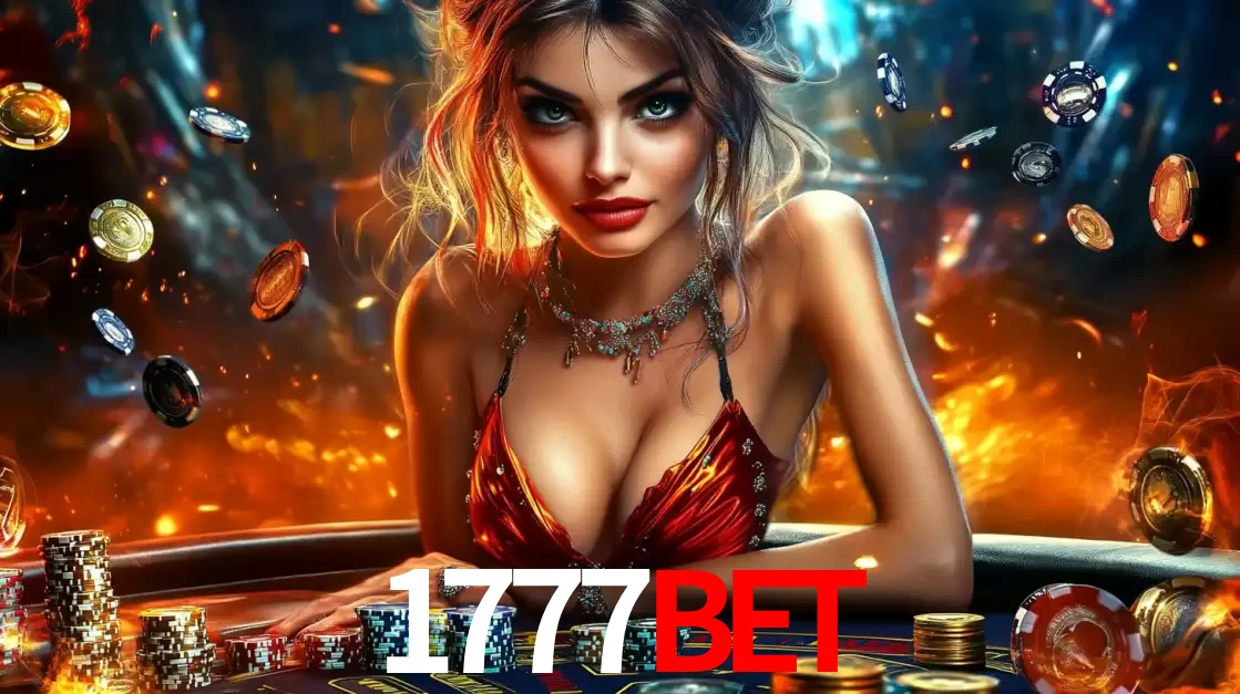 Mulher em uma mesa de cassino com pilhas de fichas e um fundo de fogo, pronta para uma rodada de altas apostas nos jogos de mesa emocionantes do cassino 1777bet.