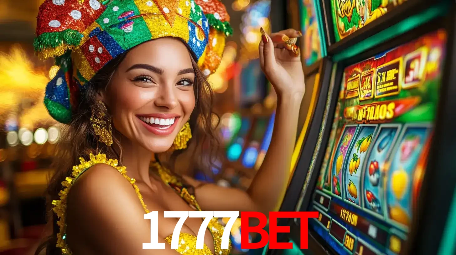 Mulher feliz com traje de carnaval amarelo e colorido ao lado de uma máquina de caça-níqueis, aproveitando a diversão e os jogos temáticos do cassino 1777bet.